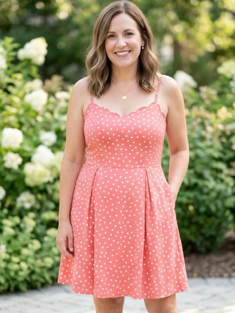 41 Hawthorn Beatriz Scallop Dress Coral Pink Polka Dot Mini Sun Dress Sz 12